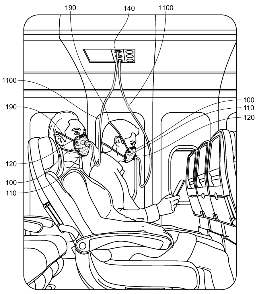 A line drawing of people seated on an airplane. Hoses extend from ports at the top of the cabin, leading to masks that each of the people is wearing. 
