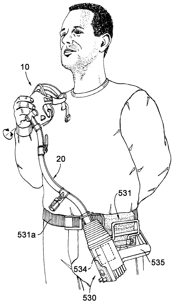 A drawing of a person holding a mask in one hand. The mask connects by a hose to a device at the person's waist. He looks proud. 