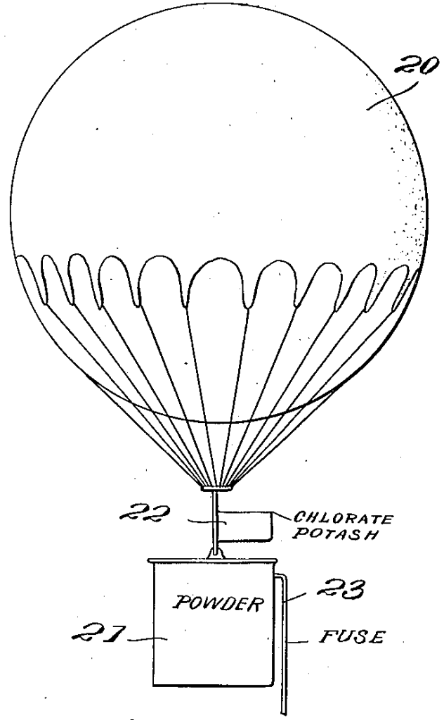 Drawing of a balloon, having a key of gunpowder and a box of chlorate potash tethered to it.