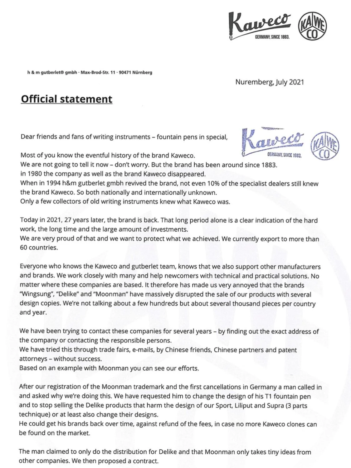 Page 1 of a screenshot of an email from Kaweco describing actions they have taken to stop Chinese manufacturers from producing copies of Kaweco's pens. In particular, Kaweco trademarked the brand names of these manufactures and have used them to stop imports of competing products in various countries. 
