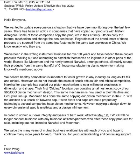 A screenshot of an email from TWSBI describing actions they are taking to stop Chinese manufacturers from copying their pens' filling mechanism. In particular, they have threatened not to sell their products to retailers who are also selling products from the identified manufacturers. 