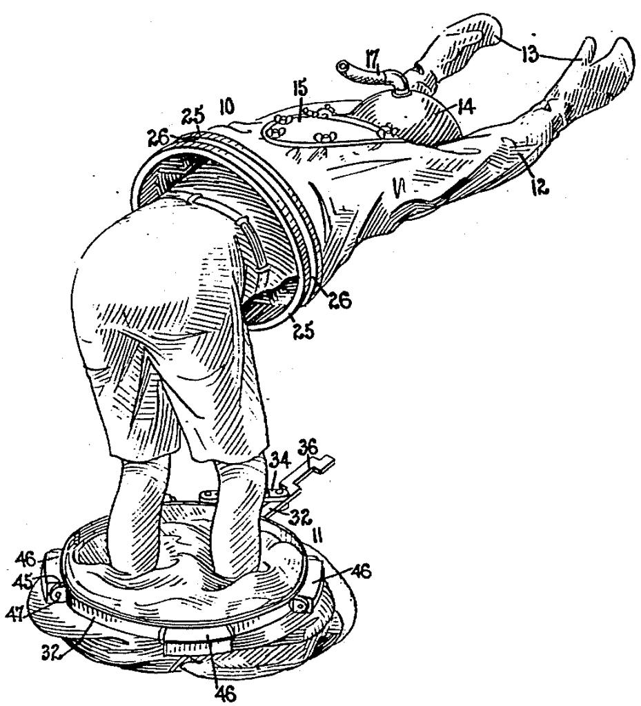 A drawing of a human figure, bent over at the waist, taking off a diving suit. The top half of the diving suit is still on, while the lower half of the diving suit is bunched up at the person's ankles. 