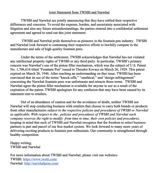 Screenshot of a statement by TWSBI, acknowledging that the patent in question expired 75 years ago and that anyone can make the design in question. 