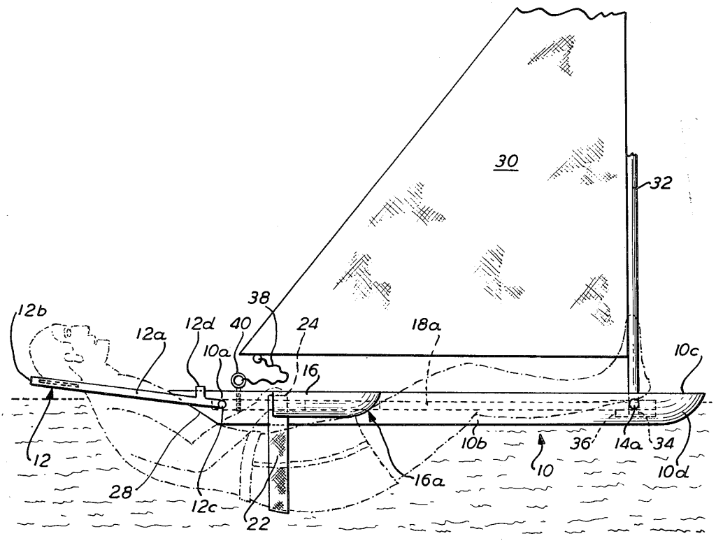 Picture of a person in the water with their head, feet, and hips supported by a float. The float has a large sail extending up near the person's feet. 