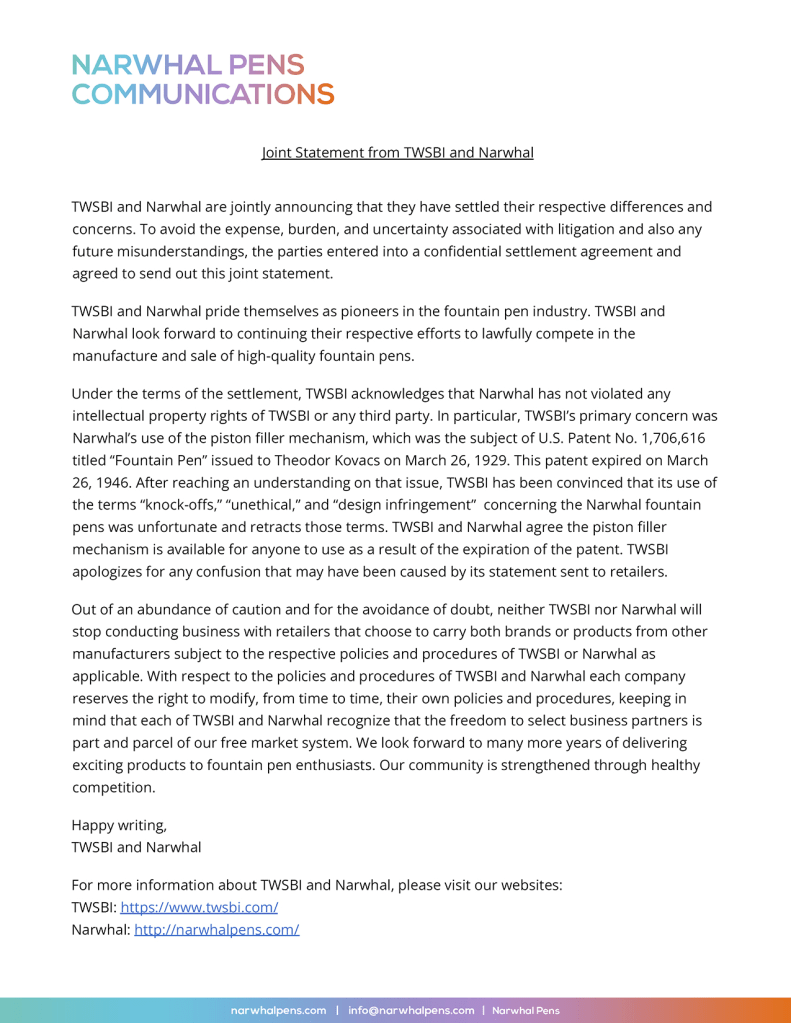 Screenshot of a statement by Narwhal, acknowledging that the patent in question expired 75 years ago and that anyone can make the design in question. 