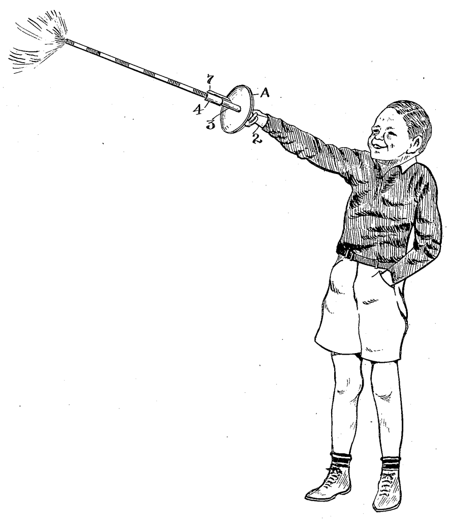 Image of a child holding a Roman candle using a handle that includes a disc, where the disc shields the child. The child's face is terrifying. 
