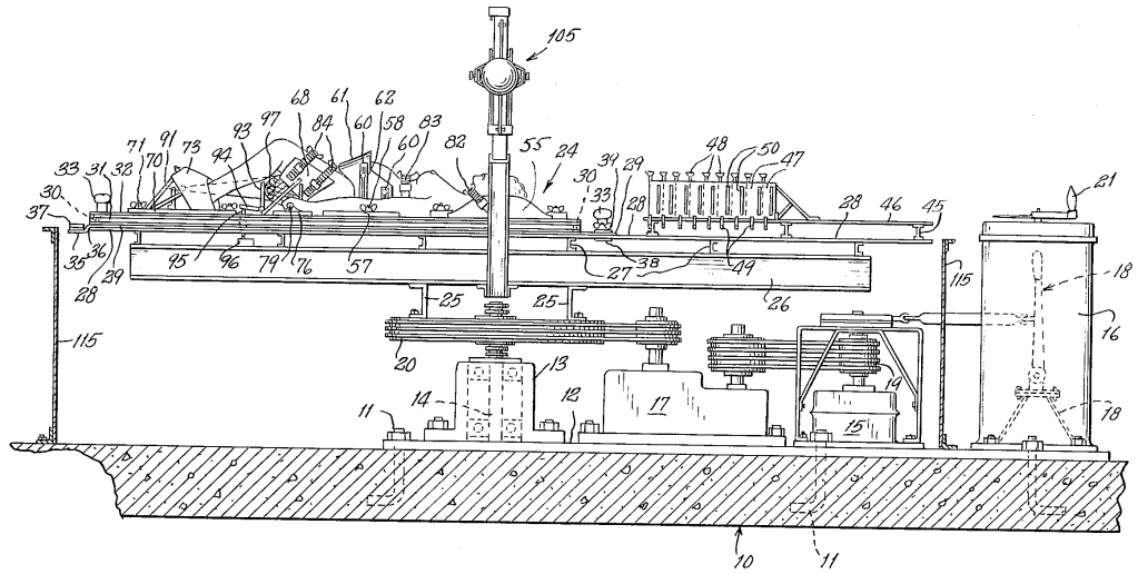 A side view of a machine with a bed. A person is strapped to the bed, with their head at roughly the center.