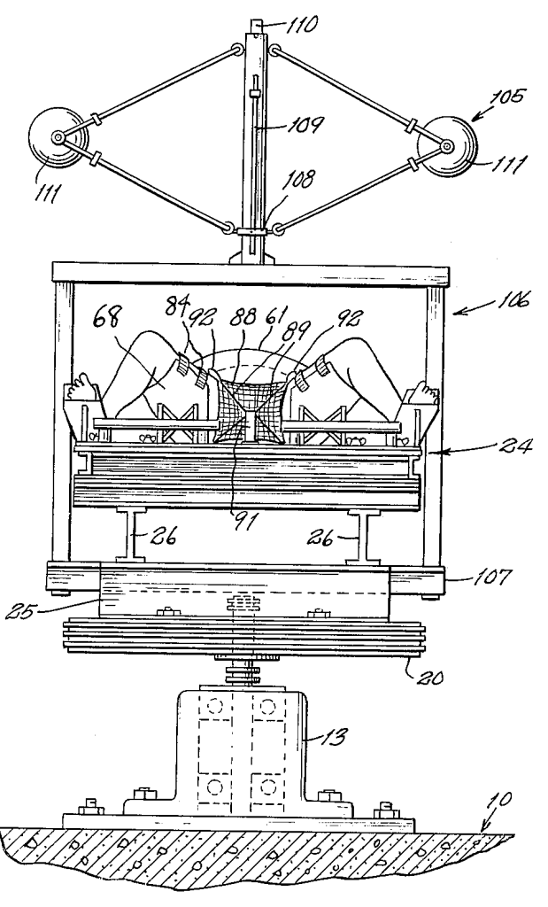 An end-on view of a bed. All we see of the person is their spread legs with a net between them.