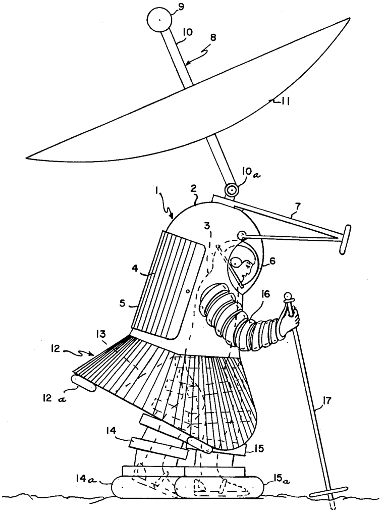 A person in a baller space suit with a giant antenna on their head. 