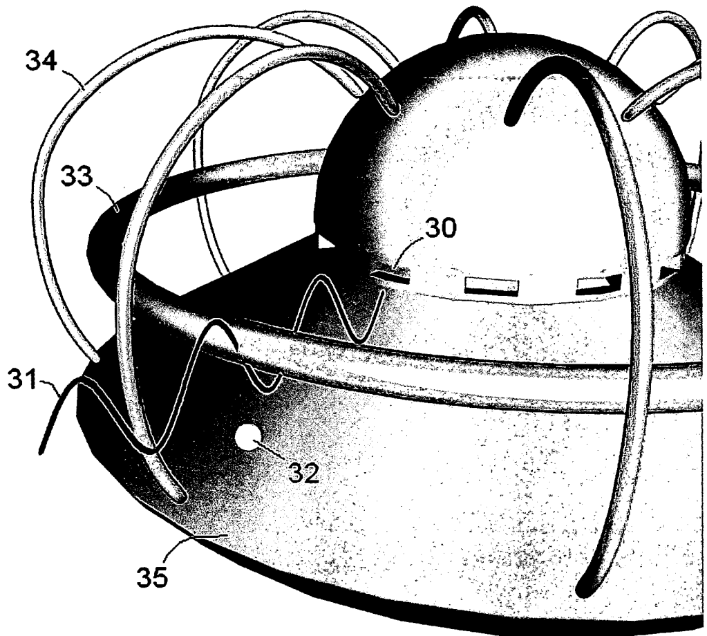 A picture of a flying saucer with loopy bits coming out of it and a sine wave. 