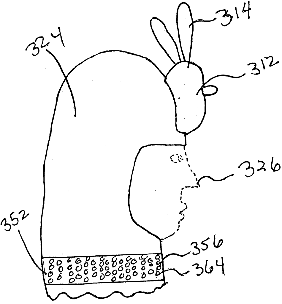 A hood over a derpy looking face with a potato bunny on the forehead. 