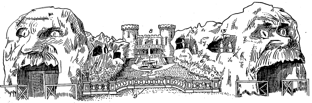 Frontal image of a carnival attraction with massive faces at the entrance and exit. The faces lead to passages that extend back to a castle. The passages and house establish an internal courtyard. 