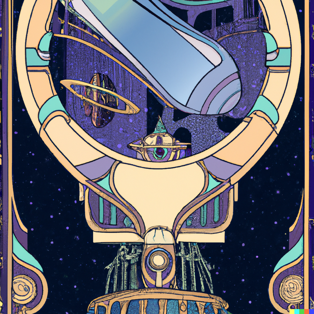 AI generated image suggesting the vacuum of space in the style of art nouveau. 