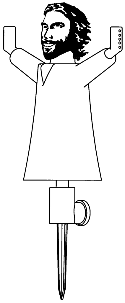 A lawn sprinkler that looks like Jesus, his arms raised up to hose you down. 