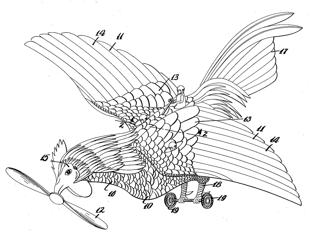 It's a big rooster airplane with a propeller on its beak. There appear to be three operators sitting in holes on its top surface. 